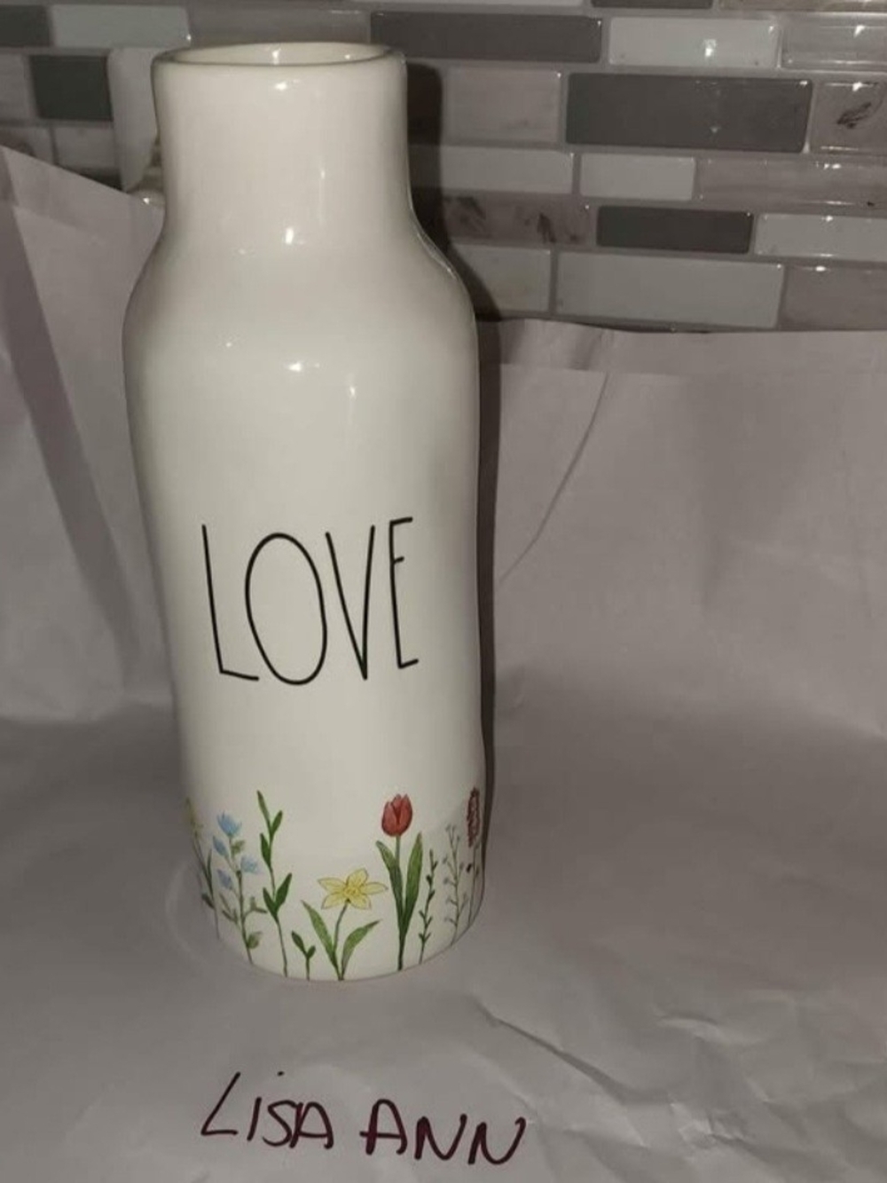 Rae Dunn White Ceramic Vase with LOVE and Handpainted Floral Border